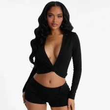 SC Solid Color Deep V Neck Cardigan Top MXBF-J26TP400