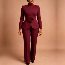 SC Plus Size 3D Flowers Long Sleeve Solid Two Piece Pants Set GCZF-8673