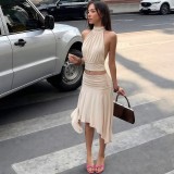SC Solid Color Backless Top Irregular Skirt Suit GYME-K6S16730A
