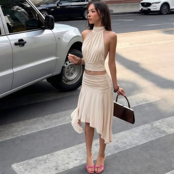 SC Solid Color Backless Top Irregular Skirt Suit GYME-K6S16730A