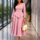 SC Plus Size Solid Color Slash Neck Midi Dress GCZF-8674