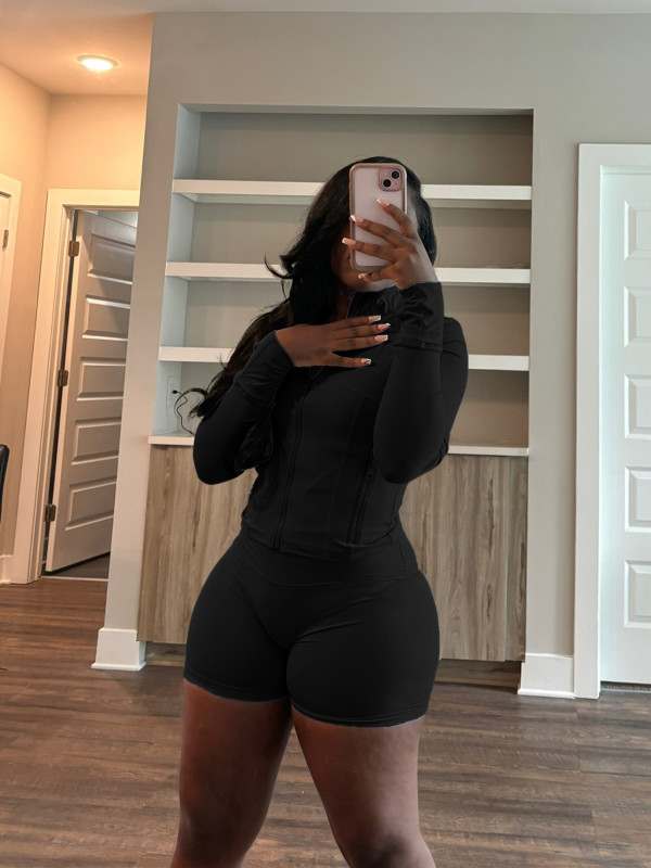 SC Solid Color Long Sleeve Tight Two Piece Shorts Set CH-24068