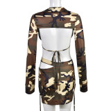 SC Camouflage Printed Tie Up Two Piece Skirts Set GNZD-9052SD