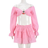 SC Solid Color Long Sleeve Top Two Piece Skirts Set GNZD-51233SHD