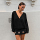 SC V Neck Long Sleeve Hollow Out Mini Dress GPKJ-MR51897