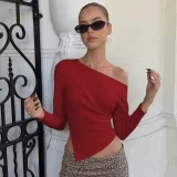 SC Solid Color Slash Shoulder Long Sleeve T Shirts BLG-T5619509A