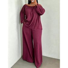 SC Plus Size Off Shoulder Long Sleeve Wide Leg Pants 2 Piece Set QMZF-11031