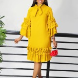 SC Plus Size Ruffles Flare Sleeve Loose Midi Dress GMLF-D488