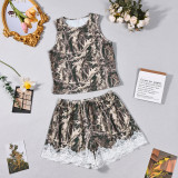SC Camouflage Printed Lace Patchwork Two Piece Shorts Set GFRT-60575TBL