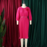 SC Plus Size Solid Color Tie Up Pleated Midi Dress GMLF-D614