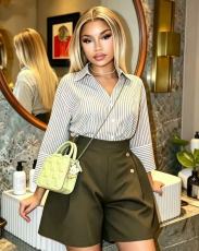 SC Stripe Lapel Shirt Two Piece Shorts Set GMYU-11526