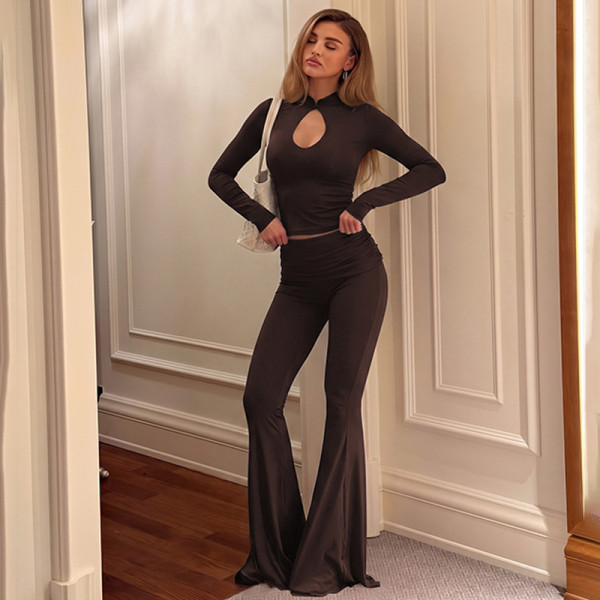 SC Solid Color Long Sleeve Hollow Out Two Piece Pants Set LJSF-S6622072X