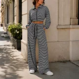 SC Stripe Stand Collar Top Wide Leg Pants 2 Piece Set HNIF-MC008