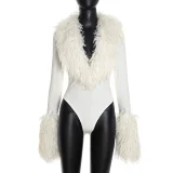 SC Solid Color Casual Deep V Neck Fur Top GSZM-D26BS347