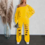 SC Solid Color Holes Sport Two Piece Pants Set HNIF-HZ6120