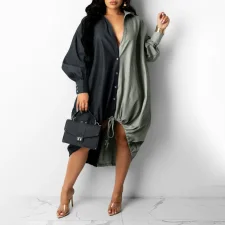 SC Loose Contrast Color Drawstring Shirt Dress HNIF-YF006