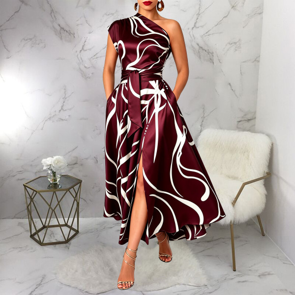 SC Slash Shoulder Printed Lace Up Split Midi Dress YF-11116