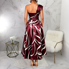 SC Slash Shoulder Printed Lace Up Split Midi Dress YF-11116