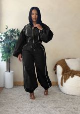 SC Long Sleeve Hooded Short Jackets Two Piece Pants Set AIL-371