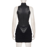 Sleeveless Leather Patchwork Mesh Mini Dress GPKJ-MR51739