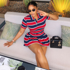 SC Stripe Color Block V Neck Mini Dress GJYO-JD305920