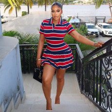 SC Stripe Color Block V Neck Mini Dress GJYO-JD305920