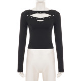 SC Rivet Hollow Out Long Sleeve T Shirt GPKJ-MR49040