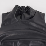 Sleeveless Leather Patchwork Mesh Mini Dress GPKJ-MR51739