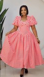 SC Stripe Puff Sleeve U Neck Ruched Maxi Dress GXIN-8996