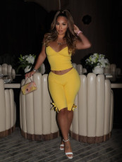 SC Solid Color Halterneck V Neck Two Piece Pants Set GFCF-1593