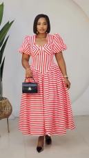 SC Stripe Puff Sleeve U Neck Ruched Maxi Dress GXIN-8996