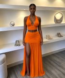 SC Solid Color Sleeveless Halterneck Backless Skirt Suit GXIN-8979