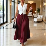 SC Plus Size Sleeveless Lapel Top Press Pleated Skrit 2 Piece Set GMLF-3387