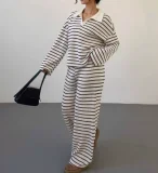 SC Stripe Lapel Knits Long Sleeve Pants 2 Piece Set GWHT-A53