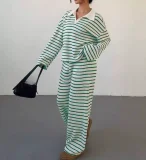 SC Stripe Lapel Knits Long Sleeve Pants 2 Piece Set GWHT-A53