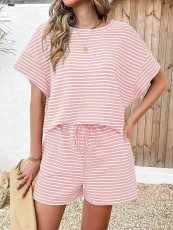 SC Plus Size Stripe SHort Sleeve T Shirts Two Piece Shorts Set GWHT-A339