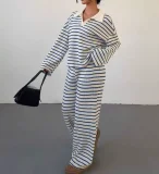 SC Stripe Lapel Knits Long Sleeve Pants 2 Piece Set GWHT-A53