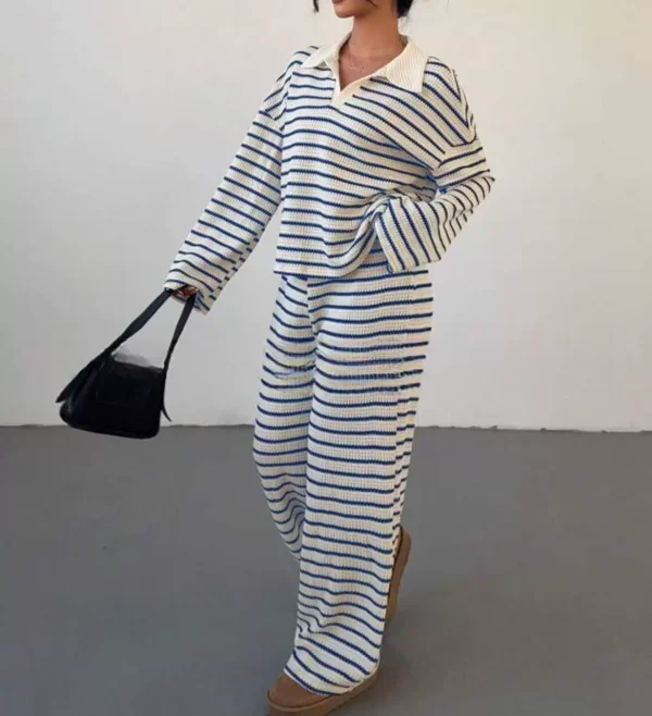 SC Stripe Lapel Knits Long Sleeve Pants 2 Piece Set GWHT-A53