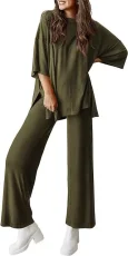 SC Plus Size Long Sleeve Solid Color Loose 2 Piece Pants Set GWHT-509