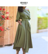 SC Plus Size Solid Color Slash Shoulder Maxi Dress GHMF-21705