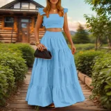 SC Plus Size Solid Color Sling Top Long Skirt Suit GHMF-8114