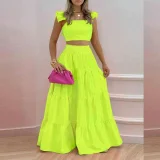 SC Plus Size Solid Color Sling Top Long Skirt Suit GHMF-8114