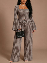 SC Stripe Flare Sleeve Single Breasted Two Piece Pants Set HNIF-YY051