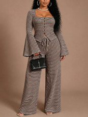 SC Stripe Flare Sleeve Single Breasted Two Piece Pants Set HNIF-YY051