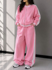 SC Color Block Zipper Coat Wide Leg Pants 2 Piece Set SFY-927