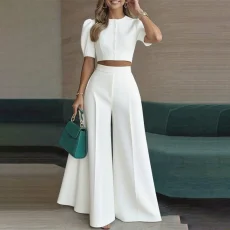 SC Plus Size Short Sleeve Solid Color Top Two Piece Pants Set GHMF-29854