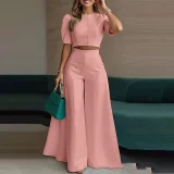 SC Plus Size Short Sleeve Solid Color Top Two Piece Pants Set GHMF-29854