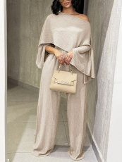 SC Solid Color Slash Shoulder Tops Two Piece Pants Set HNIF-YM084