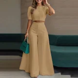 SC Plus Size Short Sleeve Solid Color Top Two Piece Pants Set GHMF-29854