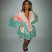 SC V Neck Ruffles Flare Sleeve Printed Mini Dress YF-11147
